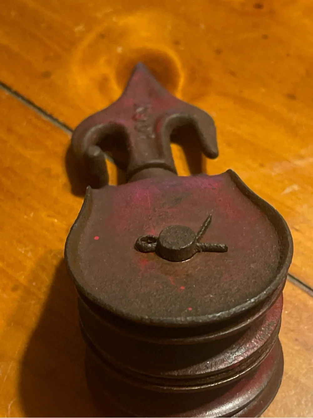 Vintage Red Iron pulley Decor with arrow with tie off Cleat
